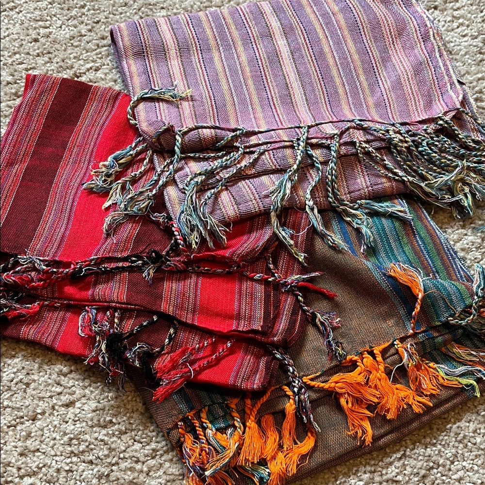 Three Colorful Striped Fringe Scarves